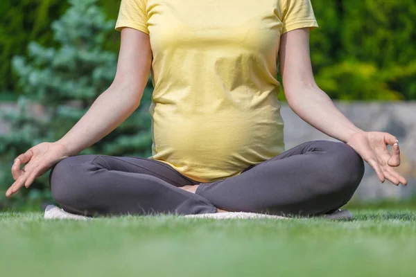 Беременная женщина, практикующая медитацию и отдых на природе — стоковое фото