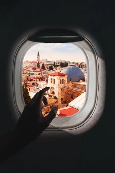 Airplane window with a aerial panorama of Jerusalem, Israel during a flight — 스톡 사진