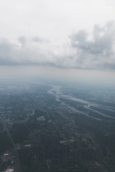 Kiev city with airplane window, Ukraine — Stock Photo, Image