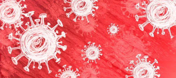 Textura sobre fondo rojo con covid 19 células o coronavirus, ilustración — Foto de Stock