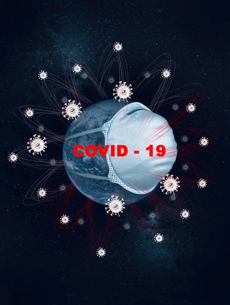 医療用マスクと星空に対するCovid 19細胞のハローを持つグローブ. — ストック写真
