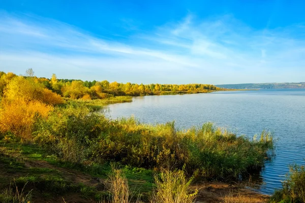 Strand mit Fluss und gelben Bäumen am frühen Morgen Stockfoto