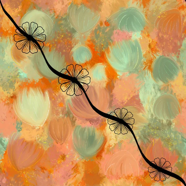 Orange seamless background with black flowers — Stock Photo, Image