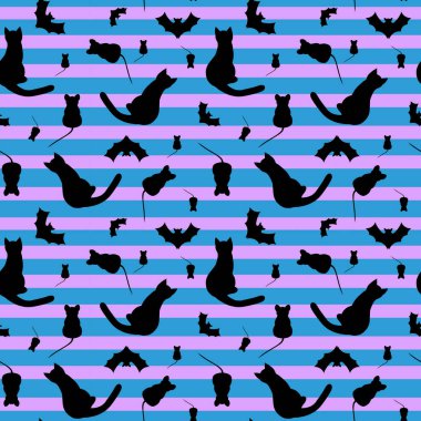 Pembe renkli siyah kedi ve farelerle kusursuz desen