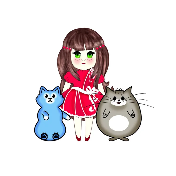 Kawaii fille dans une robe rouge avec des chats Kawaii — Photo