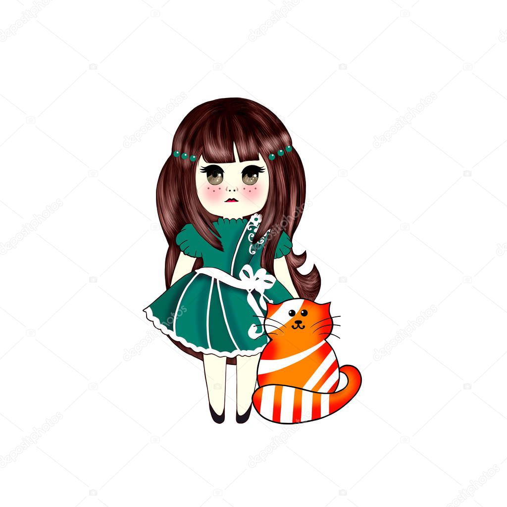 Kawaii Girl in a Green Dress with Kawaii Red Cat