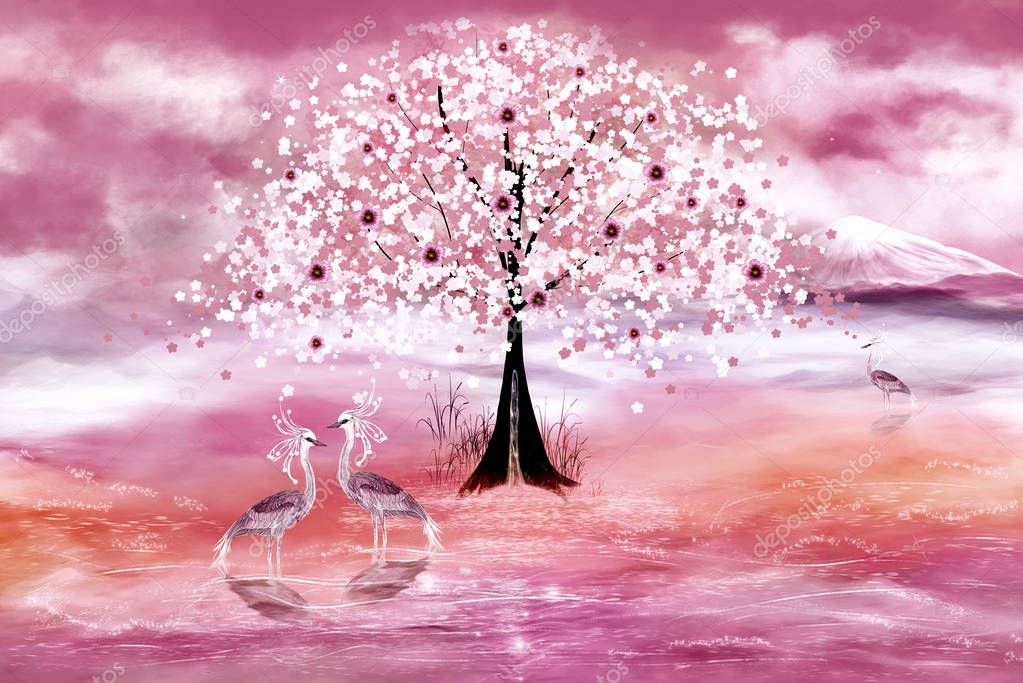 Three herons in a pink pond of spring world