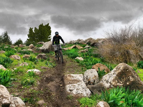 Mtb bisikletçisi yağmurda yol alıyor.