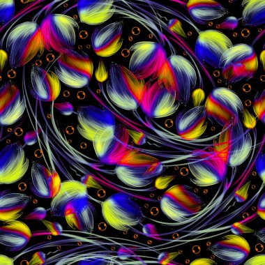 Siyah arkaplanda parlak neon tomurcukları olan kusursuz bir arkaplan.