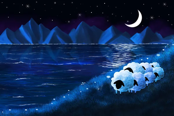 Seven Lambs Moonlight Seashore Illustration Blue Night Colors — Stock Photo, Image