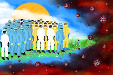 İnsanlar ölümcül virüse karşı. Koruyucu giysiler içindeki insanlar virüse karşı. Ölümcül virüsün istilası. Virüsün 3 boyutlu elementlerine sahip dijital sanat.