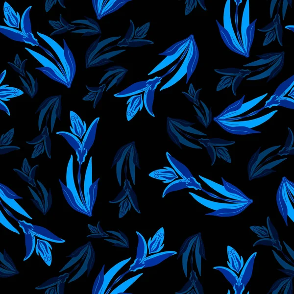 Tulipes Bleu Néon Motif Sans Couture Sur Fond Noir — Photo