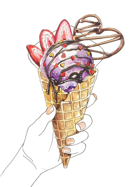 Watercolor Ice Cream Cone Strawberries — Stock Photo, Image