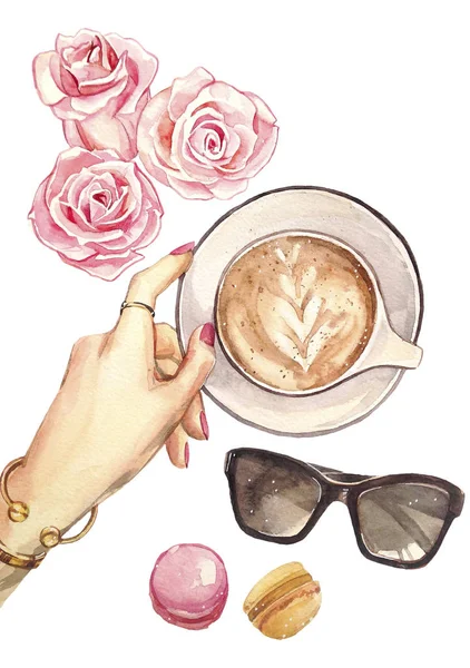 Ilustração de moda aquarela com café — Fotografia de Stock