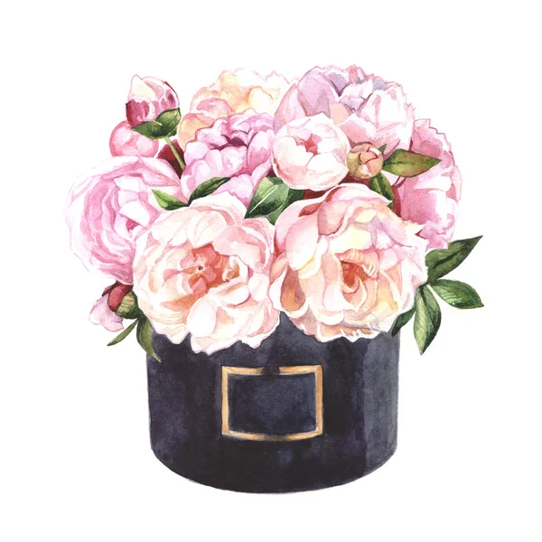 Boîte Fleurs Aquarelle Avec Pivoines Roses — Photo