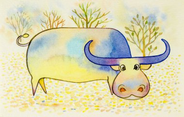 Sulu Boya resimde çok güzel çizgi film buffalo ve ağaçlar b