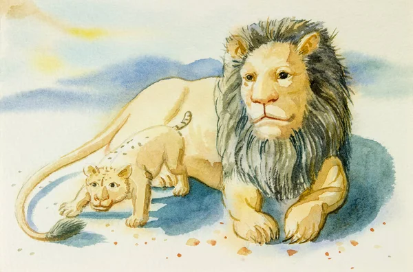 Illustration lovely  cartoon  of  lion and baby in mountain back