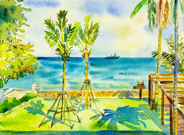 Målning seascape färgstarka havet och grön trädgård och känslor — Stockfoto