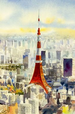 Tokyo Kulesi, Japonya'nın ünlü dönüm noktası. Suluboya resim.