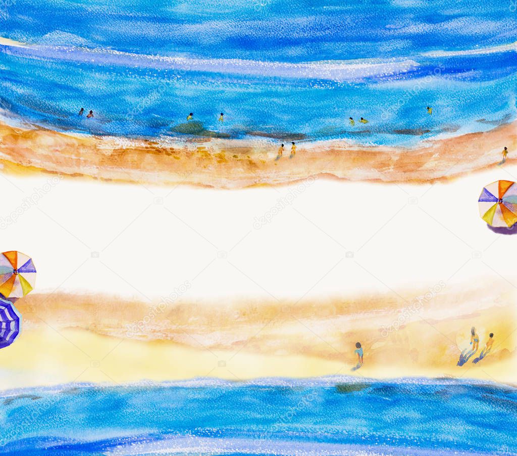 Painting watercolor sea Top view colorful of family holiday.