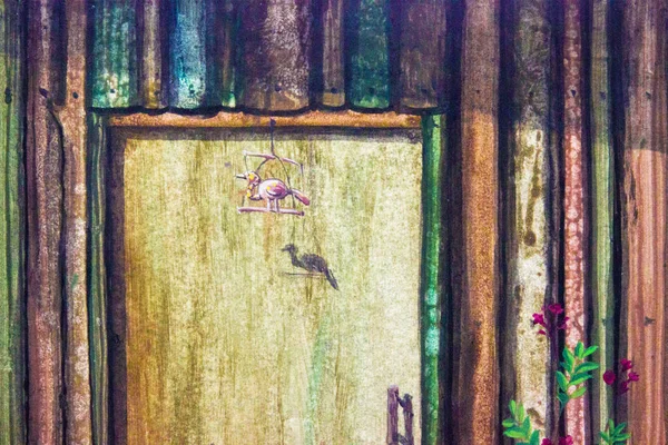 Oil painting wood wall and bird, red flower