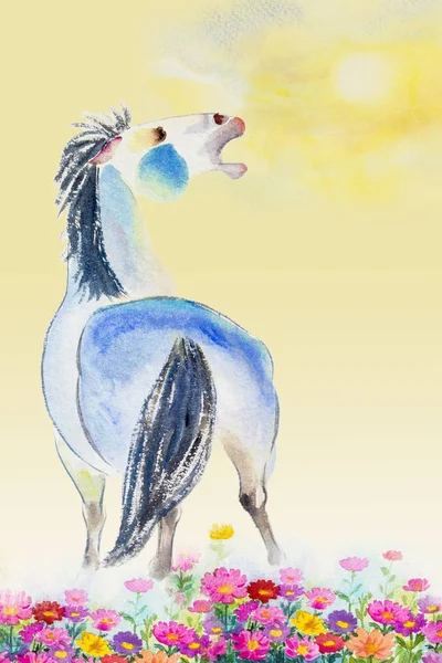 Peintures aquarelles colorées d'un cheval blanc — Photo