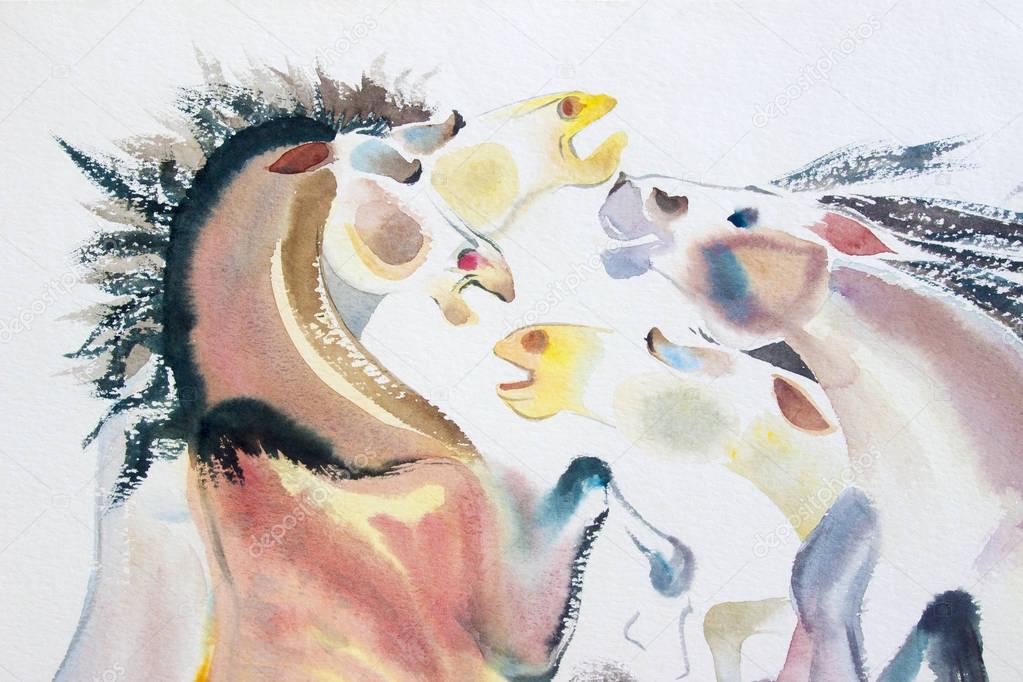 Abstract watercolor paintings of a horse herd