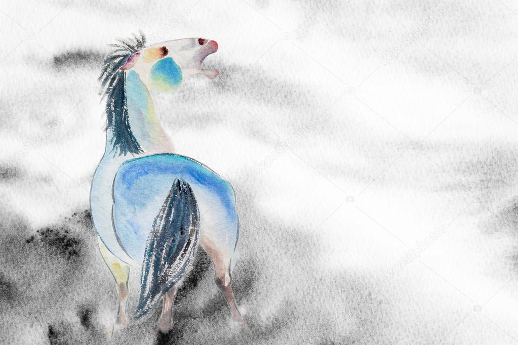 Abstract watercolor paintings of a One horses