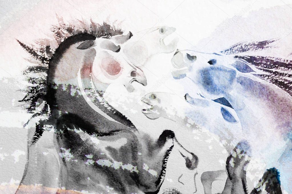 Abstract watercolor paintings the brush stroke colorful of horse