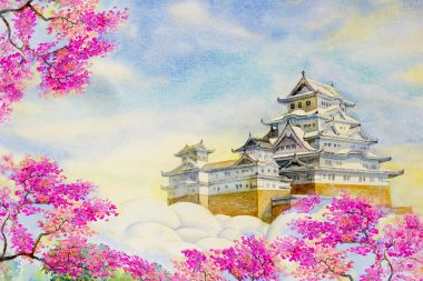 Himeji Kalesi ve bahar kiraz çiçekleri.