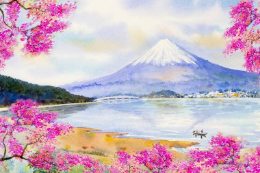 Fuji Dağı ve Gölü sakura kiraz çiçeği.
