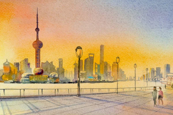 Magnifique shanghai, en Chine. Aquarelle peinture — Photo