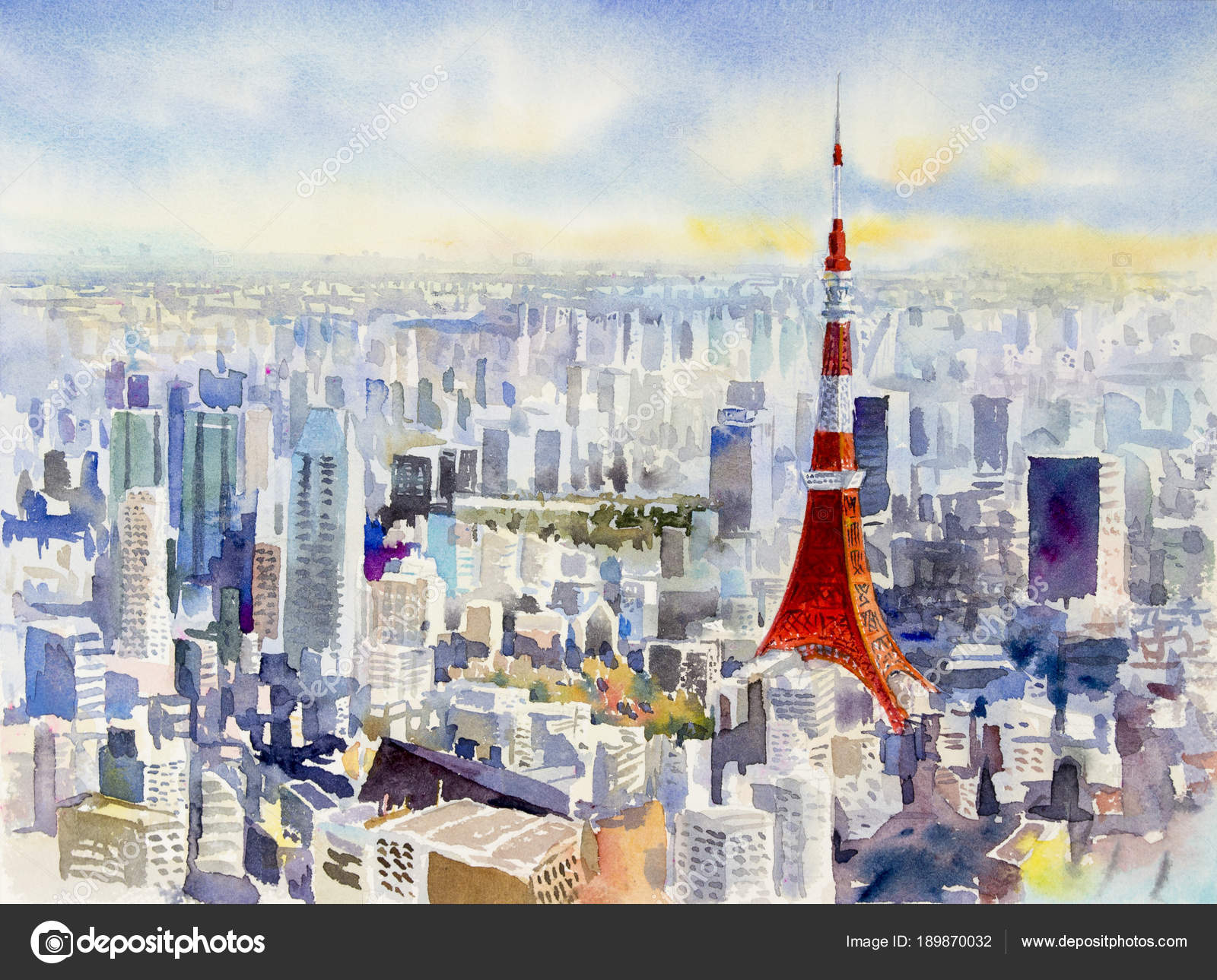 東京タワー、日本の有名なランドマーク。水彩画.— ストック 東京タワー、日本の有名なランドマーク。水彩画.— ストック