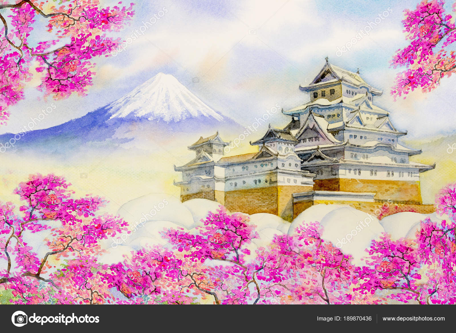 堀から見上げる桜の姫路城、佐原聖春、F15号油絵