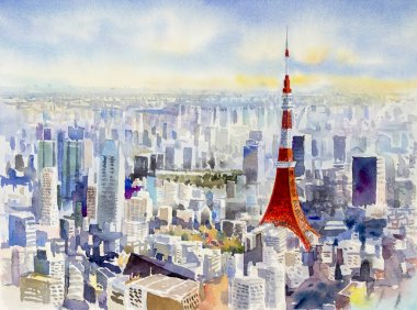 Tokyo Kulesi, Japonya'nın ünlü dönüm noktası. Suluboya resim.