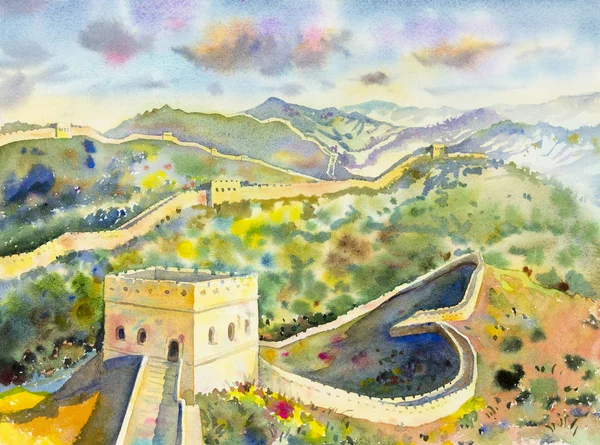 Great Wall of China w Mutianyu. Akwarela malarstwo — Zdjęcie stockowe