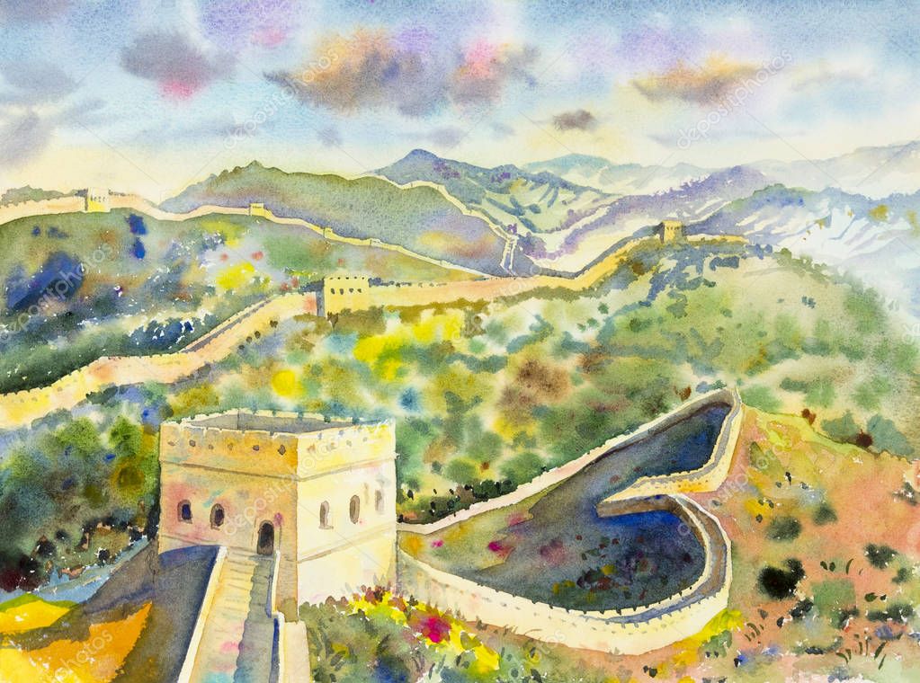 The Great Wall of China at Mutianyu. Watercolor painting landscape colorful of architecture, section natural tourism travel in beautiful spring season and skyline background. Hand drawn illustration.