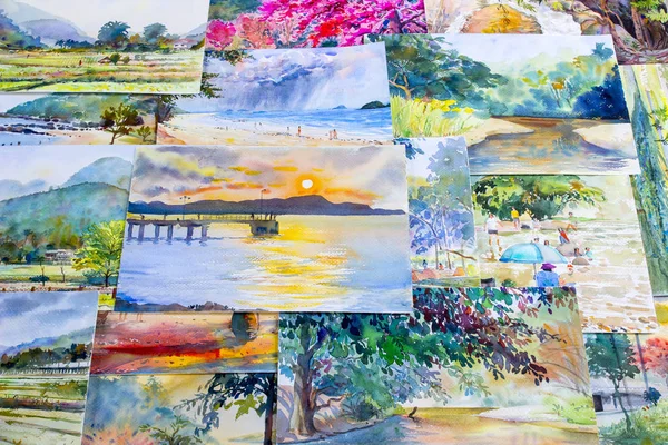 Painting watercolor landscape original colorful of the memories