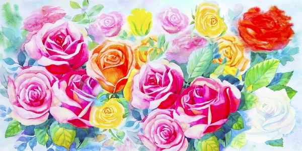 Painting  colorful bunch of roses in the garden