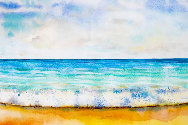 Painting colorful of sea view, beach, wave and skyline. — Stock Photo, Image