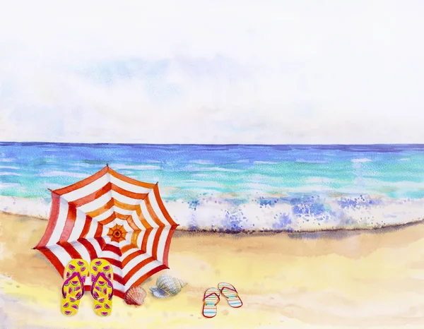Seascape akwarela malarstwo kolorowe z widokiem na morze. — Zdjęcie stockowe