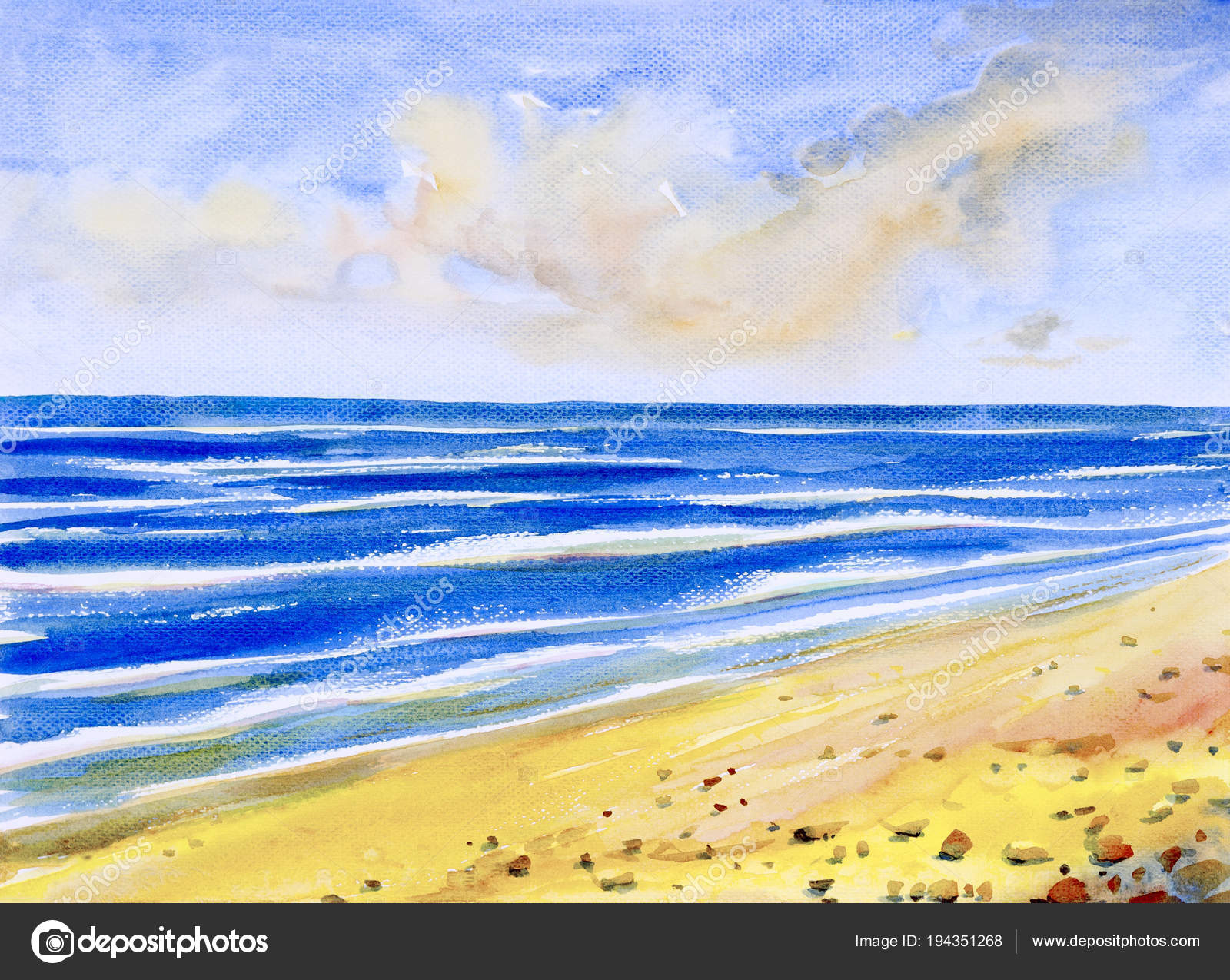 海の景色のカラフルな絵画水彩画シースケープ ビーチ.— ストック