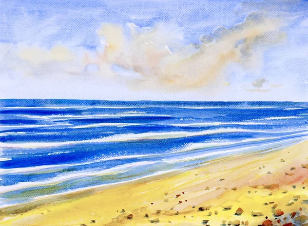 Watercolor seascape painting colorful of sea view, beach. — Stock Photo, Image