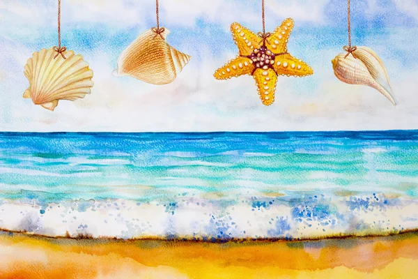 Ακουαρέλα ζωγραφική πολύχρωμο παραλία και κελύφους. — Φωτογραφία Αρχείου