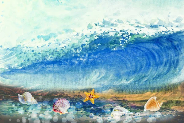 Aquarela pintura grande onda do mar . — Fotografia de Stock