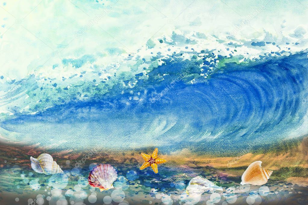 Watercolor painting big sea wave.