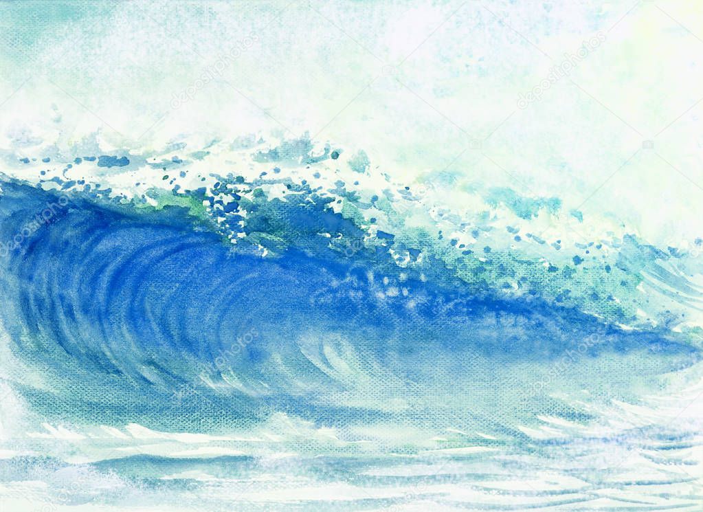 Watercolor painting big sea wave of storm.