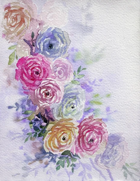 Tarjeta de felicitación con rosas rosa, púrpura flores . — Foto de Stock