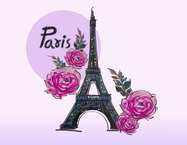 Torre Eiffel con flores de rosas . — Foto de Stock