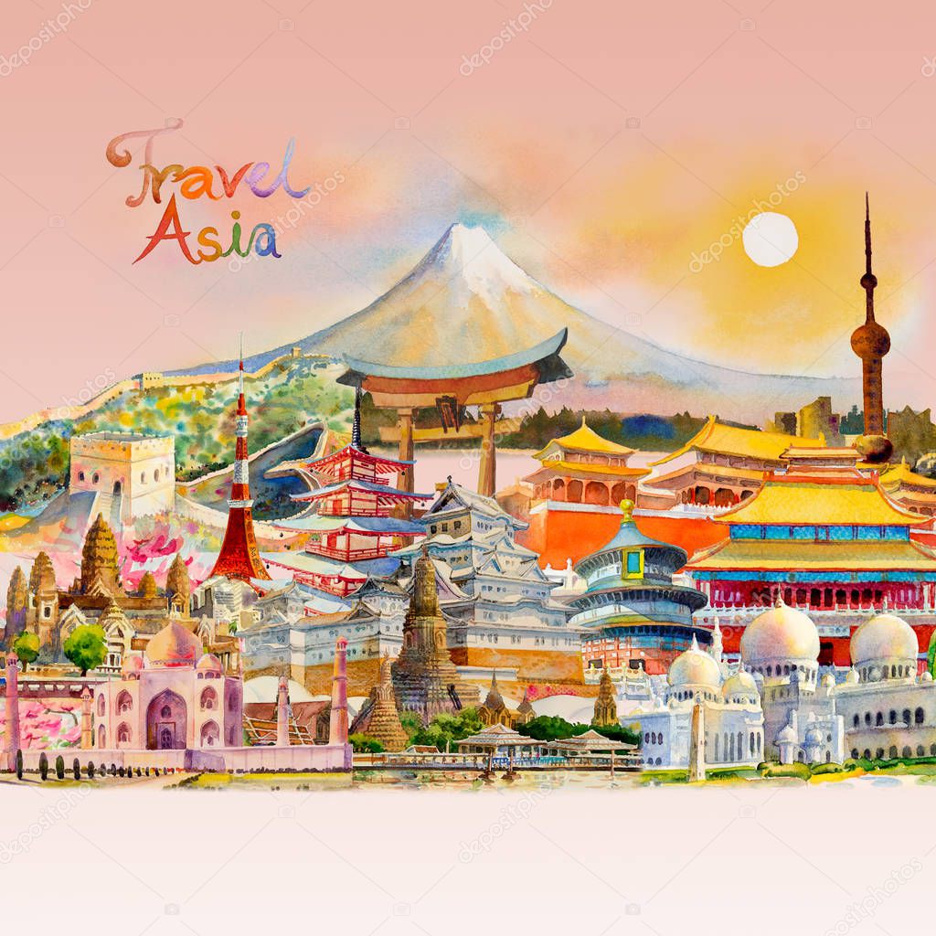  Watercolor painting illustration landmark of Asia. 